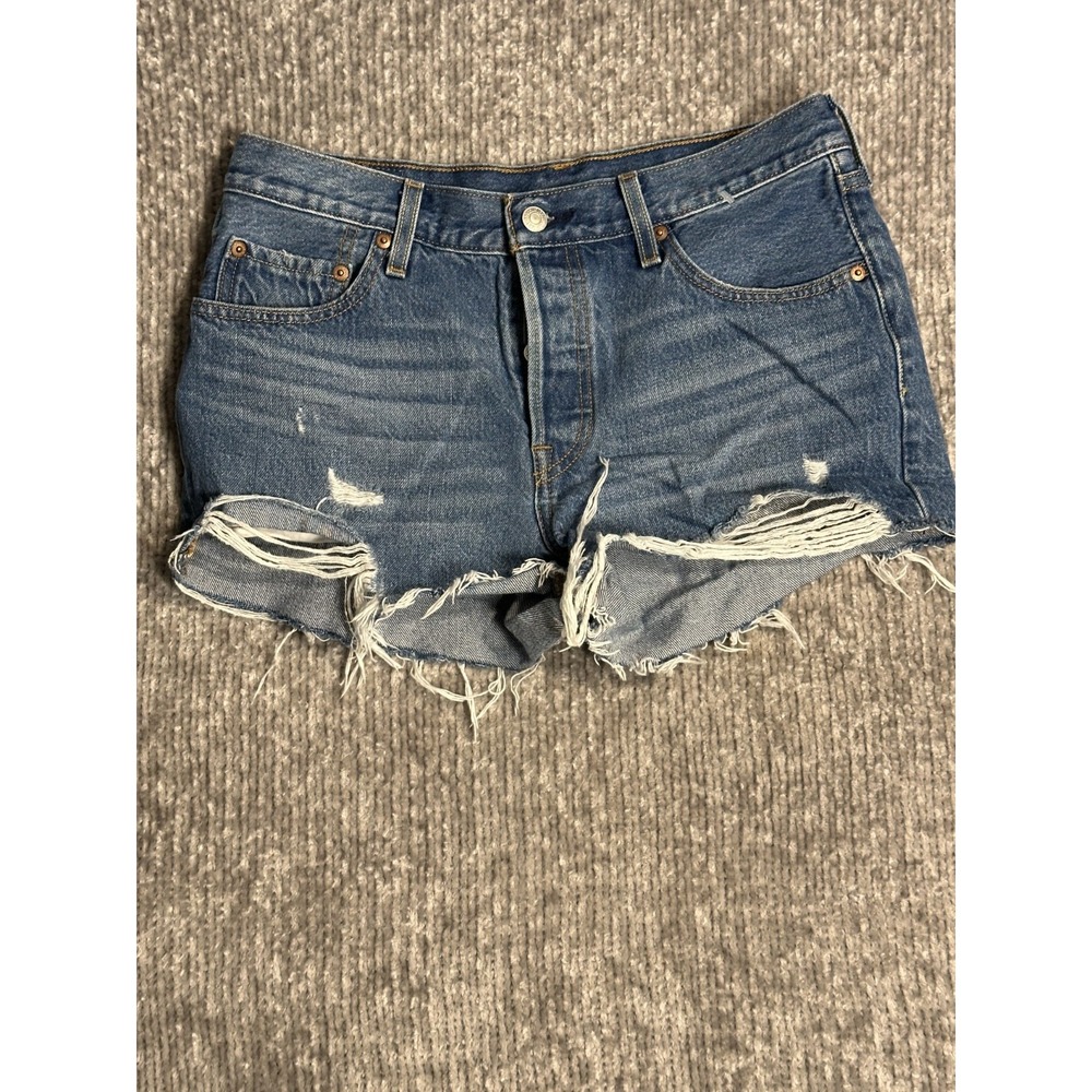 Levis 501 Cutoff Shorts Womens 28 Blue Denim Distressed Button Fly Frayed Hem